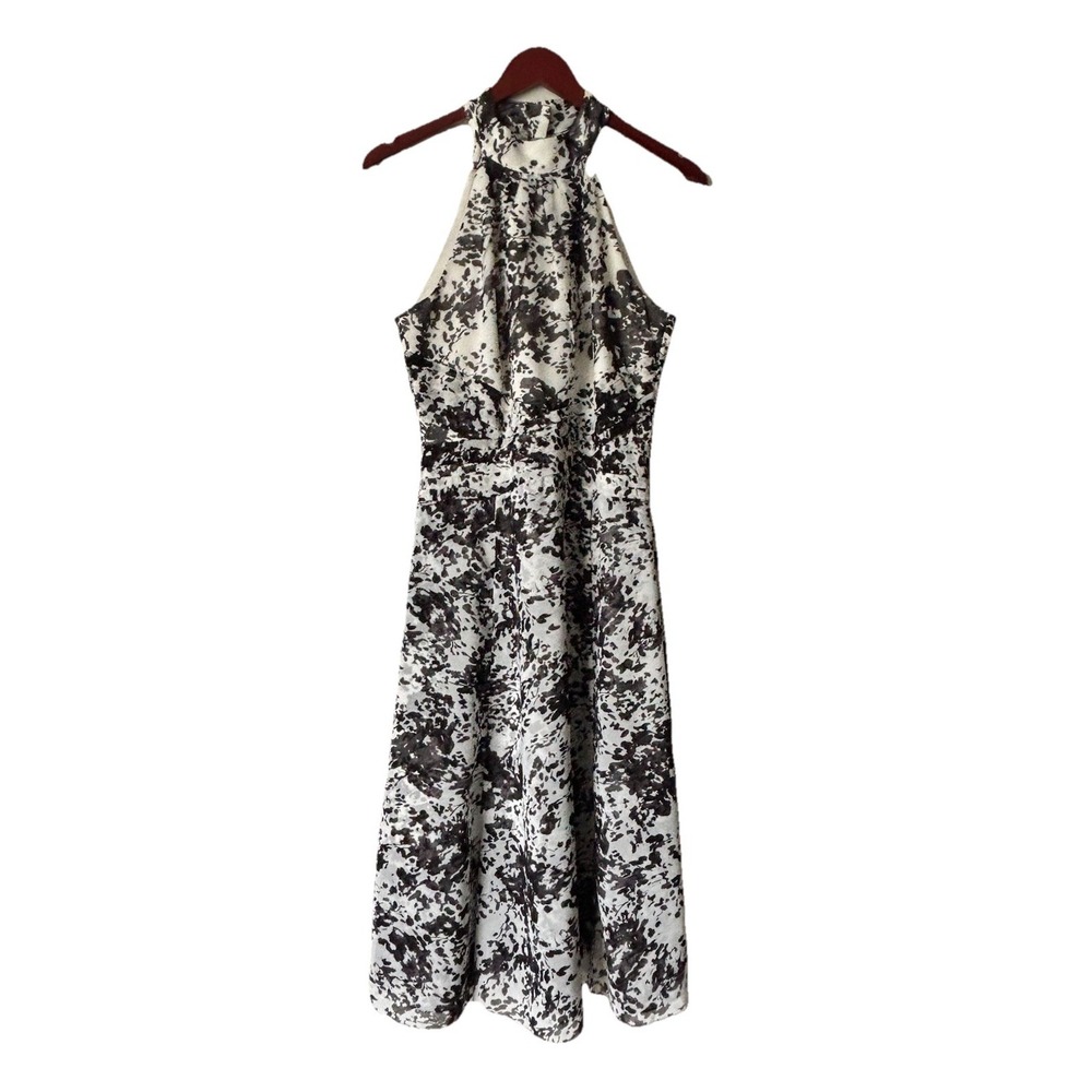 White House Black Market Chiffon Floral Halter Dress Black White Size 8